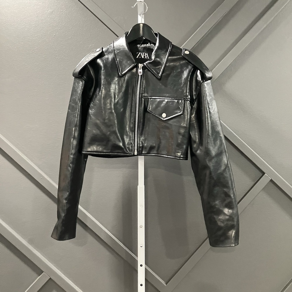 Zara Faux Leather Jacket Womens Medium Black Cropped Zip Utility Moto Shacket